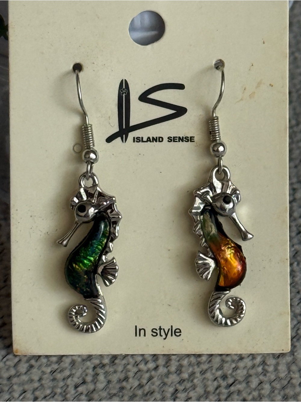 Seahorse Dangle Earrings - Iridescent Green & Orange Vintage